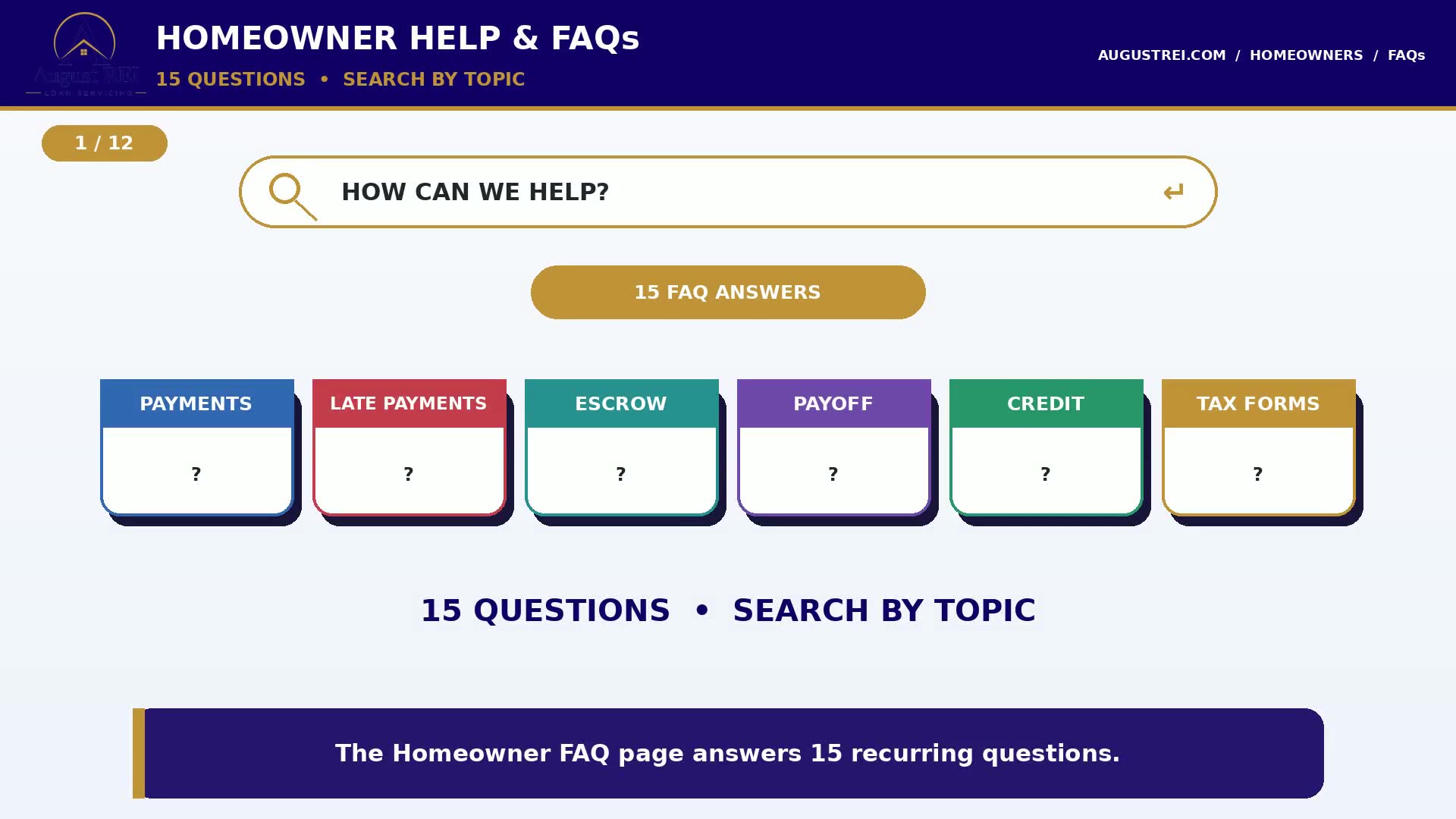 Title card reading “Homeowner help and FAQs — 15 questions, search by topic,” with cards for payments, late payments, escrow, payoff, credit and tax forms.